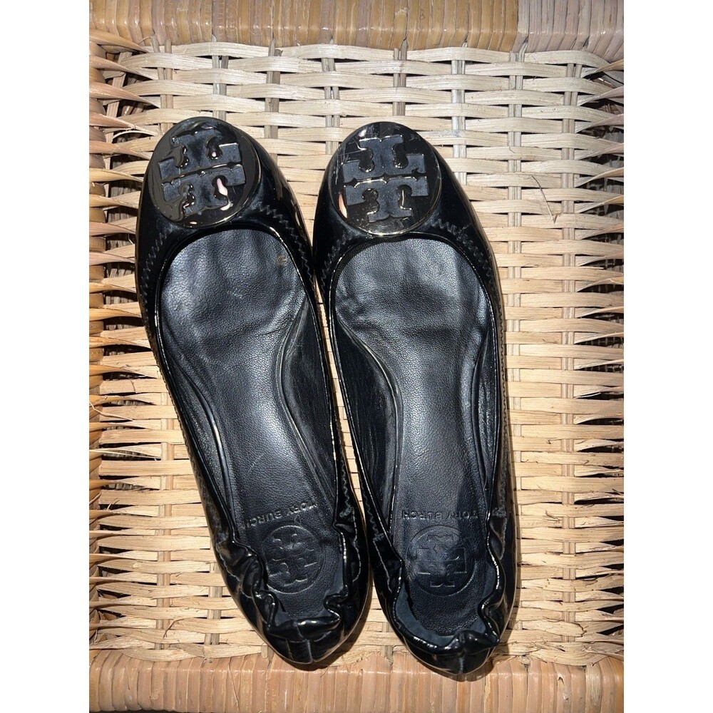 Tory Burch Black Patent Leather Reva Ballet Flats Womens 6 Logo Shoes Slip On